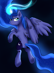 Size: 886x1182 | Tagged: safe, artist:not-ordinary-pony, princess luna, alicorn, pony, g4, female, glowing horn, horn, looking back, magic, mare, missing accessory, rear view, serious, serious face, solo, underhoof