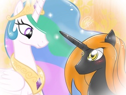Size: 2048x1536 | Tagged: safe, artist:rockarboom, princess celestia, oc, alicorn, pony, g4, crown, female, jewelry, looking at each other, mare, peytral, regalia