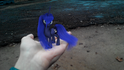 Size: 3328x1872 | Tagged: safe, artist:thelunagames, princess luna, g4, 3d, cinema 4d, hand, in goliath's palm, irl, looking at you, micro, photo, ponies in real life, sai, solo focus