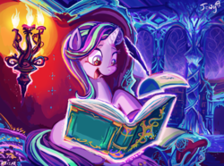 Size: 904x674 | Tagged: safe, artist:jowyb, starlight glimmer, pony, unicorn, g4, book, color porn, cute, female, glimmerbetes, happy, mare, open mouth, quill, reading, sitting, smiling, solo, writing