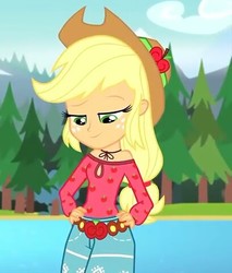 Size: 409x480 | Tagged: safe, screencap, applejack, equestria girls, g4, my little pony equestria girls: legend of everfree, belt, boho, camp fashion show outfit, clothes, cowboy hat, female, hand on hip, hat, looking down, shorts, smiling, solo
