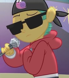 Size: 423x480 | Tagged: safe, screencap, snails, equestria girls, g4, my little pony equestria girls: rainbow rocks, clothes, dj snazzy snails, glasses, hoodie, jacket, male, microphone, solo