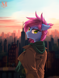 Size: 911x1200 | Tagged: safe, artist:margony, oc, oc only, bat pony, anthro, anthro oc, city, clothes, coat, fangs, female, floppy ears, gift art, looking at you, looking back, mare, scarf, scenery, smiling, solo, sunset