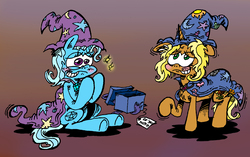 Size: 1914x1202 | Tagged: safe, artist:andreu-t, idw, sunflower spectacle, trixie, pony, unicorn, g4, spoiler:comic, spoiler:comic40, alternate cutie mark, blushing, cape, clothes, female, floppy ears, gradient background, hat, mare, mother and child, mother and daughter, present, raised hoof, sitting, smiling, trixie's cape, trixie's hat, underhoof