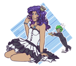 Size: 1069x934 | Tagged: safe, artist:monnarcha, rarity, spike, human, g4, butler, clothes, crown, dress, eyeshadow, female, humanized, jewelry, kneeling, makeup, male, regalia, ship:sparity, shipping, simple background, smiling, straight, transparent background, tray, white dress