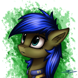 Size: 1000x1000 | Tagged: safe, artist:setharu, oc, oc only, oc:scotch tape, earth pony, pony, fallout equestria, fallout equestria: project horizons, abstract background, bust, clothes, ear fluff, female, jumpsuit, mare, portrait, solo, vault suit