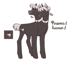 Size: 1280x1046 | Tagged: safe, artist:kapusha-blr, oc, oc only, oc:alexander, oc:ferdinand, earth pony, pony, brothers, conjoined, conjoined twins, male, mutant, russian, simple background, stallion, white background