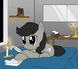 Size: 2339x2088 | Tagged: safe, artist:ethereal-desired, oc, oc only, oc:iambic pentameter, earth pony, pony, bed, candle, high res, male, paper, prone, quill, solo, stallion, typewriter