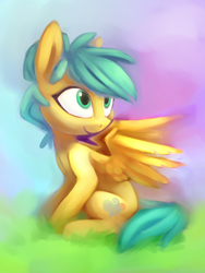 Size: 3000x4000 | Tagged: safe, artist:lilfunkman, oc, oc only, oc:venti via, pegasus, pony, looking away, looking up, sitting, smiling, solo, spread wings, wings