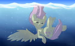 Size: 2000x1239 | Tagged: safe, artist:ciderdrop, fluttershy, pegasus, pony, g4, female, solo, underwater, water, watershy