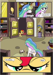 Size: 1488x2105 | Tagged: safe, artist:fimstargazer, princess celestia, sunset shimmer, alicorn, pony, unicorn, comic:memories, g4, book, bookshelf, comic, dialogue, homesick shimmer, magic, momlestia, reunion, telekinesis, the prodigal sunset