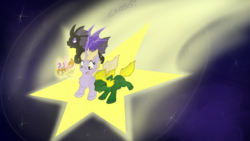 Size: 1024x576 | Tagged: safe, artist:usagi-zakura, dinky hooves, oc, oc:alphaeus, oc:shooting star, breezie, changeling, pony, unicorn, g4, doctor who, jenny the doctor's daughter, stars