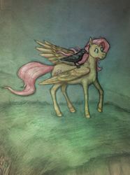 Size: 1774x2387 | Tagged: safe, artist:sofia-the-dreamer, fluttershy, bird, crow, g4, female, grass, looking away, raised hoof, solo, standing, traditional art