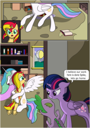 Size: 1488x2105 | Tagged: safe, artist:fimstargazer, princess celestia, spike, sunset shimmer, twilight sparkle, alicorn, dragon, pony, unicorn, comic:memories, g4, book, bookshelf, comic, forgiveness, happy, homesick shimmer, hug, momlestia, reconciliation, reunion, the prodigal sunset, twilight sparkle (alicorn), underhoof