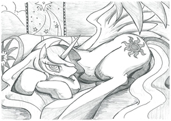 Size: 1200x849 | Tagged: safe, artist:zemlya, princess celestia, alicorn, pony, g4, grayscale, monochrome