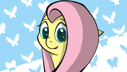 Size: 3840x2160 | Tagged: safe, artist:cloudyskieswrites, fluttershy, butterfly, g4, bust, eye reflection, female, floppy ears, high res, looking at you, open mouth, portrait, reflection, smiling, solo