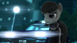 Size: 3840x2160 | Tagged: safe, artist:bastbrushie, artist:vbastv, octavia melody, earth pony, pony, g4, 3d, car, chevrolet, city, clothes, cop car, female, grand theft auto, high res, jacket, lamp, liberty city, police, ponies in video games, poster, solo, source filmmaker