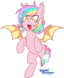 Size: 2059x2497 | Tagged: safe, artist:xwhitedreamsx, oc, oc only, oc:paper stars, bat pony, pony, amputee, bandage, cute little fangs, ear fluff, fangs, flying, high res, open mouth, simple background, solo, transparent background