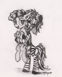 Size: 1024x1269 | Tagged: safe, artist:shikogo, oc, oc only, oc:ivy, oc:mira bliss, bat pony, pony, zebra, cute, fangs, flower, flower in hair, hug, simple background, sketch, traditional art