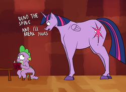 Size: 1500x1100 | Tagged: safe, artist:anontheanon, spike, twilight sparkle, alicorn, dragon, horse, pony, g4, abuse, angry, book, bookhorse, colored hooves, dialogue, female, lip bite, male, mare, scared, size difference, small head, small wings, stool, sweat, table, that pony sure does love books, threat, twilight sparkle (alicorn)