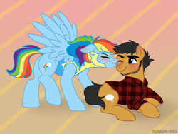 Size: 1200x900 | Tagged: safe, artist:serra-no, quibble pants, rainbow dash, g4, alternate hairstyle, beard, blushing, clothes, facial hair, female, flannel, kissing, male, ship:quibbledash, shipping, story in the source, straight, uniform, wonderbolt trainee uniform