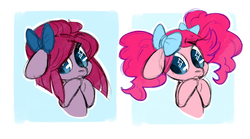 Size: 1224x679 | Tagged: safe, artist:kapusha-blr, pinkie pie, earth pony, pony, g4, alternate hairstyle, bow, cute, duality, female, hair bow, pinkamena diane pie, solo