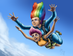 Size: 1760x1360 | Tagged: safe, artist:aphexangel, rainbow dash, scootaloo, human, g4, air ponyville, armpits, clothes, commission, falling, freefall, goggles, humanized, parachute, scootalove, sky, skydiving