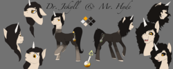 Size: 3000x1200 | Tagged: safe, artist:d-lowell, pony, unicorn, colored pupils, commission, dr jekyll and mr hyde, floppy ears, open mouth, ponified, reference sheet, simple background, smiling