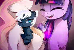 Size: 2444x1680 | Tagged: dead source, safe, artist:magnaluna, princess celestia, princess luna, twilight sparkle, alicorn, pony, alternate design, alternate universe, baby, baby pony, chest fluff, cute, eyes closed, hnnng, implied lesbian, implied shipping, implied twilestia, lunabetes, magic, one eye closed, open mouth, royal sisters, smiling, trio, twilight sparkle (alicorn), younger