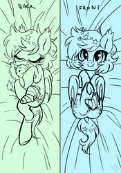 Size: 4200x6000 | Tagged: safe, artist:hawthornss, oc, oc only, oc:mr lion, oc:paper stars, pony, absurd resolution, amputee, blushing, body pillow, body pillow design, butt, cute little fangs, dock, ear fluff, eyes closed, fangs, looking at you, plot, plushie, sleeping, underhoof, wip