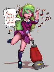 Size: 3120x4160 | Tagged: safe, artist:gabbslines, lemon zest, equestria girls, g4, my little pony equestria girls: friendship games, clothes, commission, crystal prep academy uniform, cute, devil horn (gesture), dialogue, eyes closed, eyeshadow, female, gray background, headphones, high res, kneesocks, legs, listening, makeup, music notes, open mouth, plaid skirt, pleated skirt, raised leg, rock and roll, school uniform, schrödinger's pantsu, shoes, simple background, singing, skirt, skirt lift, socks, solo, thighs, upskirt denied, vacuum cleaner