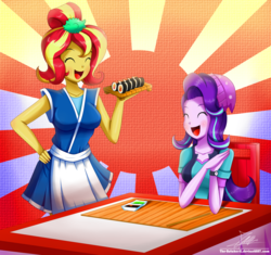Size: 2096x1970 | Tagged: safe, artist:the-butch-x, starlight glimmer, sunset shimmer, equestria girls, g4, ^^, chopsticks, clothes, commission, counterparts, duo, eyes closed, food, happy, japan, mat, open mouth, sunburst background, sunset sushi, sushi, table, toy interpretation, twilight's counterparts