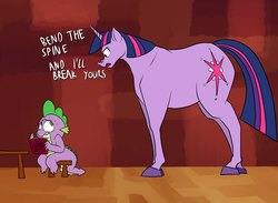 Size: 1500x1100 | Tagged: safe, artist:anontheanon, edit, spike, twilight sparkle, dragon, horse, pony, unicorn, g4, abuse, angry, book, bookhorse, colored hooves, dialogue, female, hoers, lip bite, male, mare, scared, size difference, small head, stool, sweat, table, that pony sure does love books, threat, wingless, wingless edit