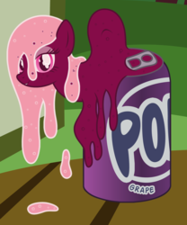 Size: 2198x2636 | Tagged: oc name needed, safe, artist:badumsquish, derpibooru exclusive, oc, oc only, food pony, goo pony, original species, pony, soda pony, can, female, grape soda (drink), high res, lidded eyes, looking at you, overflowing, ponified, smiling, smirk, soda can, solo, table