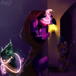 Size: 4000x4000 | Tagged: safe, artist:luxaestas, twilight sparkle, pony, g4, absurd resolution, armor, cloak, clothes, female, glowing horn, helmet, hiding, horn, magic, male, mare, royal guard, spear, stallion, weapon