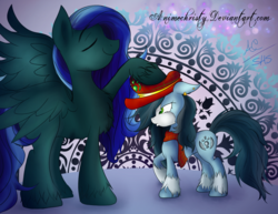 Size: 1024x791 | Tagged: safe, artist:animechristy, oc, oc only, oc:gaillen, oc:mad munchkin, earth pony, pegasus, pony, clothes, commission, eyes closed, raised hoof, scarf, signature, size difference, unshorn fetlocks