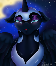 Size: 1050x1229 | Tagged: safe, artist:marcushunter, nightmare moon, alicorn, pony, g4, blushing, bust, female, floppy ears, kissy face, lidded eyes, looking at you, nicemare moon, portrait, solo
