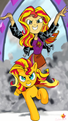 Size: 720x1280 | Tagged: safe, artist:andy price, artist:leone di cielo, sunset shimmer, human, pony, unicorn, equestria girls, g4, >:d, cute, duo, evil smile, grin, happy, human ponidox, magic mirror, self ponidox, shimmerbetes, smiling