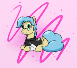 Size: 800x715 | Tagged: safe, artist:letterbomb, oc, oc only, oc:leapingriver, pegasus, pony, clothes, comfy, ear fluff, hoodie, looking at you, lying down, pink background, pokémon, pokémon trainer, prone, simple background, solo, wide eyes