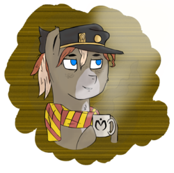 Size: 2100x2087 | Tagged: safe, artist:1101001, oc, oc only, oc:ciel l'etranger, almost jojo, coffee, colt, high res, male, morning, simple background, solo