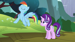 Size: 1920x1080 | Tagged: safe, screencap, rainbow dash, starlight glimmer, pony, g4, no second prances, 1080p, eyes closed, flying, smiling