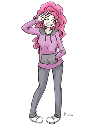 Size: 850x1100 | Tagged: safe, artist:kprovido, pinkie pie, human, g4, clothes, converse, eyes closed, female, grin, hoodie, humanized, pants, peace sign, shoes, simple background, smiling, sneakers, solo, sweater, white background