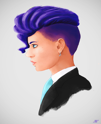 Size: 1500x1832 | Tagged: safe, artist:shiropoint, rarity, human, g4, alternate hairstyle, clothes, ear piercing, eyebrow piercing, humanized, lip piercing, manecut, piercing, solo, suit, undercut