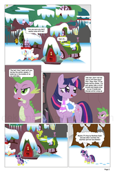 Size: 864x1297 | Tagged: safe, artist:dekomaru, spike, twilight sparkle, dragon, comic:the greatest gift, g4, artifact, clothes, comic, golden oaks library, saddle, scarf, snow, winter