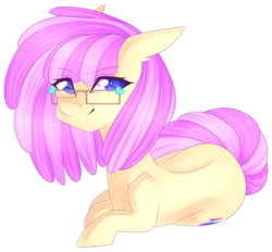 Size: 1569x1455 | Tagged: safe, artist:shiromidorii, oc, oc only, oc:vanilla swirl, earth pony, pony, art trade, blue eyes, cute, cutie mark, female, fluffy hair, glasses, heart, looking at you, lying, mare, ocbetes, on side, prone, simple background, smiling, solo, transparent background