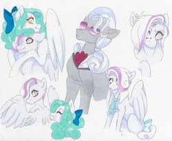 Size: 748x614 | Tagged: safe, artist:frozensoulpony, hoity toity, oc, oc:dovely pinup, oc:jade luck, pegasus, pony, g4, adopted offspring, bow, female, hair bow, male, mare, offspring, parent:cotton sky, parent:hoity toity, parent:rarity, stallion, traditional art