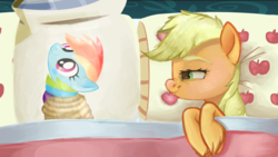 Size: 7280x4095 | Tagged: safe, artist:cloudyhills, applejack, rainbow dash, earth pony, pony, 28 pranks later, g4, absurd resolution, applejack's bed partner, bed, body pillow, female, lesbian, lidded eyes, mare, meme, morning, pillow, redraw, romance, screenshots, ship:appledash, shipping, smiling, unshorn fetlocks