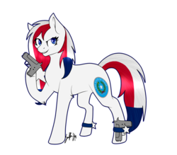 Size: 1965x1725 | Tagged: safe, artist:windblade2313, oc, oc only, oc:texas, earth pony, pony, seal, vanillaswirl6's state ponies, commission, female, gun, hoof hold, looking at you, mare, nation ponies, ponified, raised eyebrow, signature, simple background, smiling, solo, spurs, standing, stars, state pony, texas, transparent background, weapon