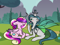 Size: 1600x1200 | Tagged: safe, artist:midnight-drip, princess cadance, queen chrysalis, alicorn, changeling, changeling queen, pony, g4, blushing, bush, cute, cutealis, cutedance, eyes closed, female, flower, grass, holeless, infidelity, lesbian, prone, ship:cadalis, shipping, younger