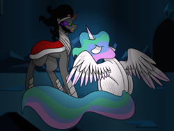 Size: 1600x1200 | Tagged: safe, artist:midnight-drip, king sombra, princess celestia, pony, g4, sitting, spread wings, wings
